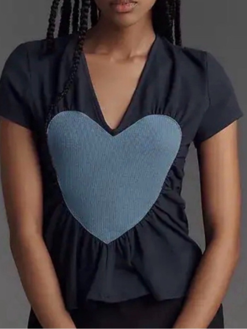 Maeve Anthropologie Navy Short-Sleeve Tee with light  Blue Heart Patch, Large